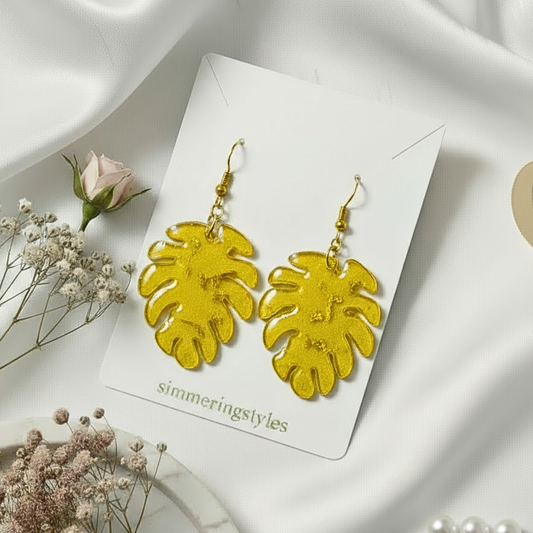 Golden Monstera Leaf - Resin Ear Rings